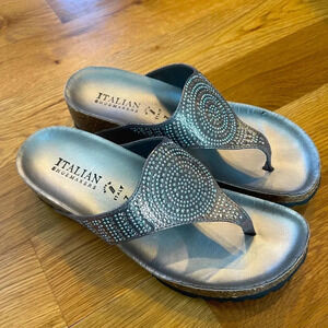 Italian Shoemakers Pewter Rhinestone Low Wedge Thong Sandals Size 7